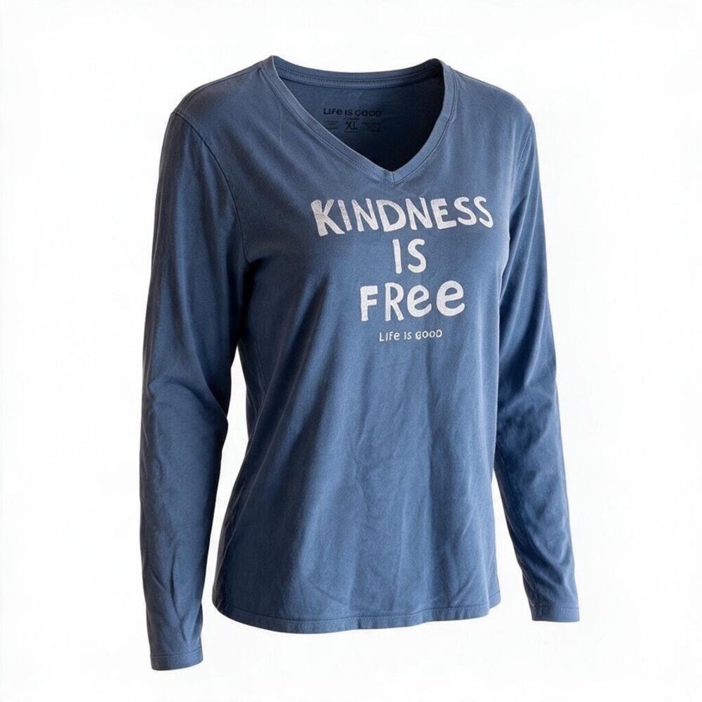 Life is Good Crusher Womens XL Blue Kindness Is Free Long Sleeve V-Neck Tee